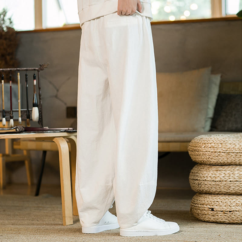 Pantalones harén de lino y algodón de color liso con cordón y bolsillos para hombre con Buddha Stones - image 23