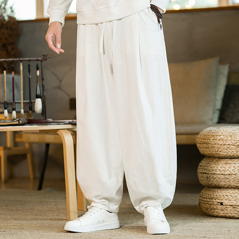 Pantalones harén de lino y algodón de color liso con cordón y bolsillos para hombre con Buddha Stones - image 20