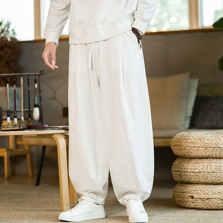 Pantalones harén de lino y algodón de color liso con cordón y bolsillos para hombre con Buddha Stones - image 22