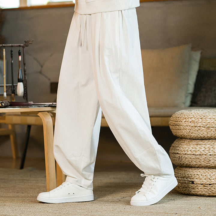 Pantalones harén de lino y algodón de color liso con cordón y bolsillos para hombre con Buddha Stones - image 21