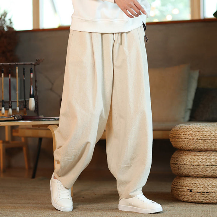 Pantalones harén de lino y algodón de color liso con cordón y bolsillos para hombre con Buddha Stones - image 28