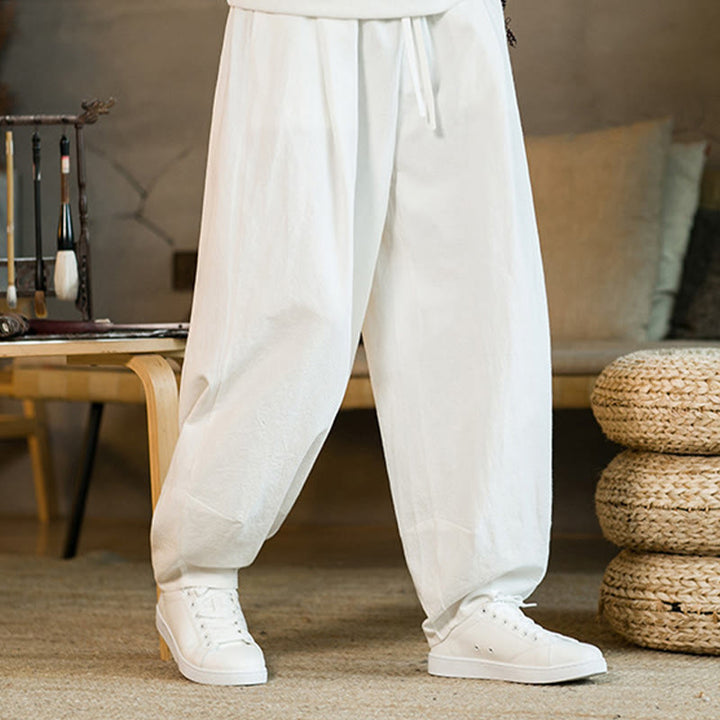 Pantalones harén de lino y algodón de color liso con cordón y bolsillos para hombre con Buddha Stones - image 19