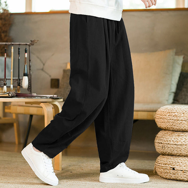 Pantalones harén de lino y algodón de color liso con cordón y bolsillos para hombre con Buddha Stones - image 13