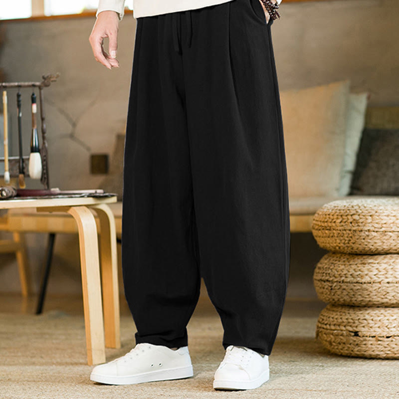 Pantalones harén de lino y algodón de color liso con cordón y bolsillos para hombre con Buddha Stones - image 16