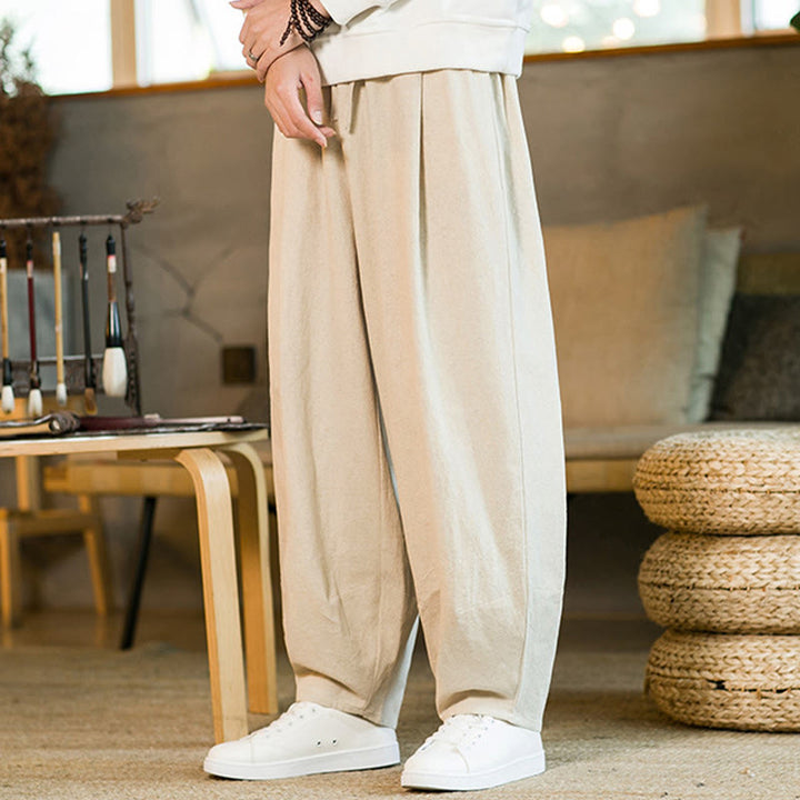 Pantalones harén de lino y algodón de color liso con cordón y bolsillos para hombre con Buddha Stones - image 26