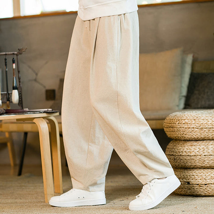Pantalones harén de lino y algodón de color liso con cordón y bolsillos para hombre con Buddha Stones - image 30