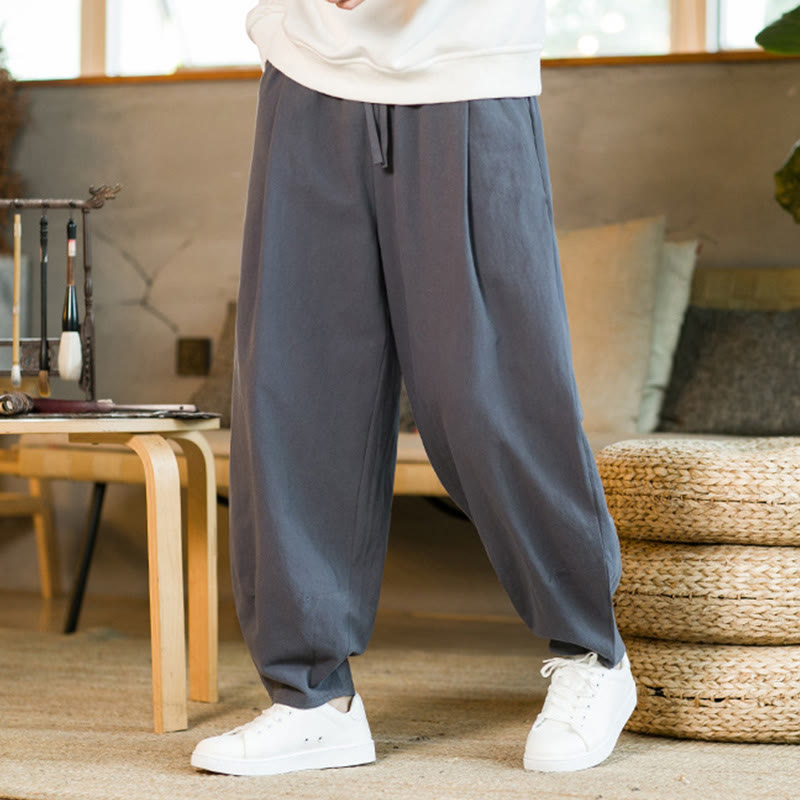 Pantalones harén de lino y algodón de color liso con cordón y bolsillos para hombre con Buddha Stones - image 35