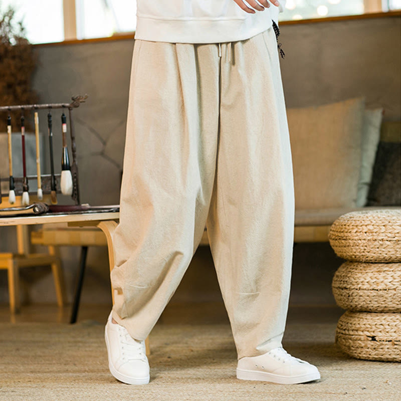 Pantalones harén de lino y algodón de color liso con cordón y bolsillos para hombre con Buddha Stones - image 27