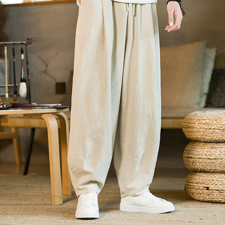 Pantalones harén de lino y algodón de color liso con cordón y bolsillos para hombre con Buddha Stones - Beige - US/UK/AU46, EU56 (5XL) - image 24