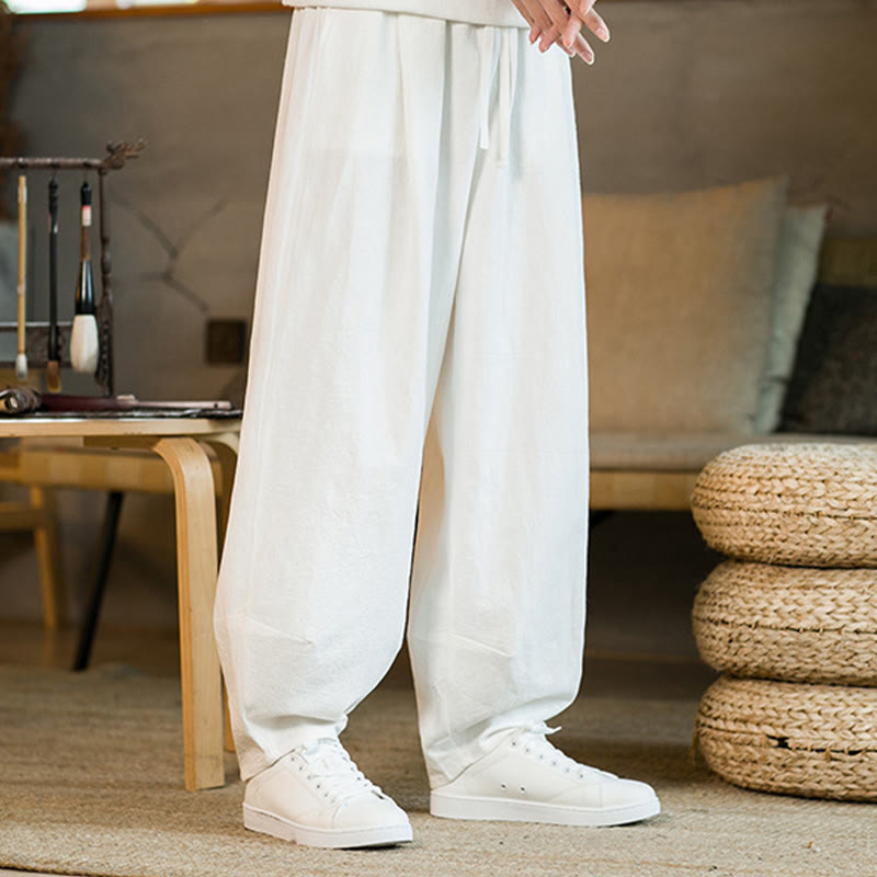 Pantalones harén de lino y algodón de color liso con cordón y bolsillos para hombre con Buddha Stones - image 18