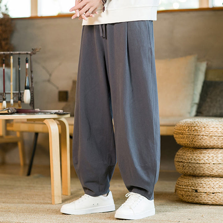 Pantalones harén de lino y algodón de color liso con cordón y bolsillos para hombre con Buddha Stones - image 34