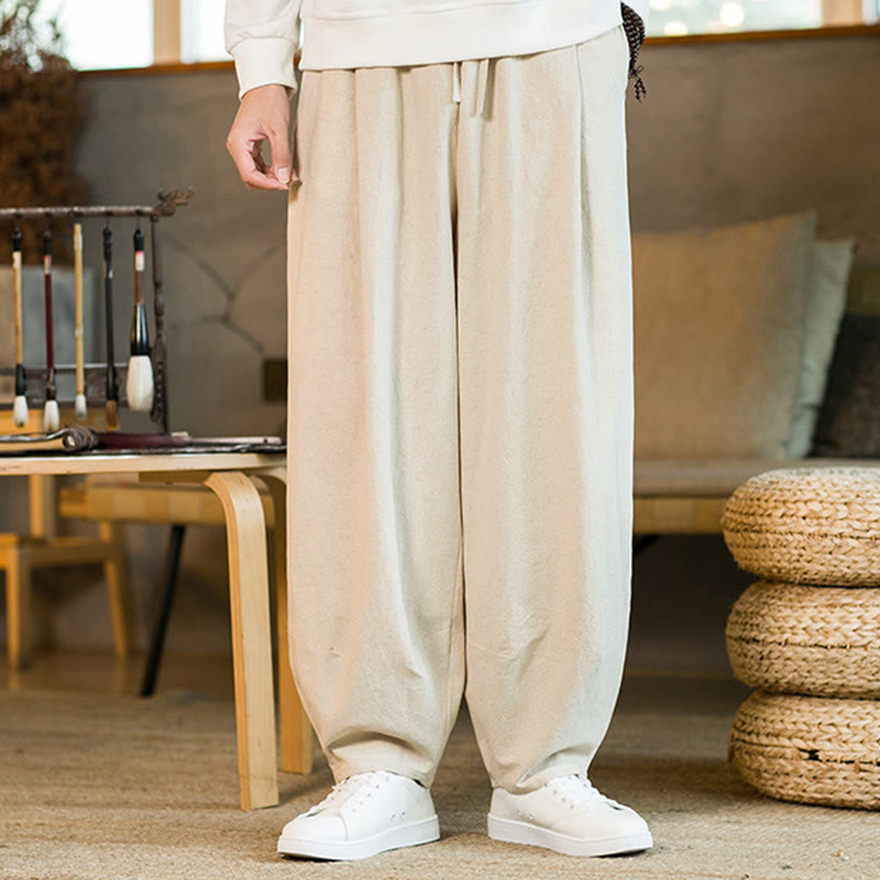 Pantalones harén de lino y algodón de color liso con cordón y bolsillos para hombre con Buddha Stones - image 25