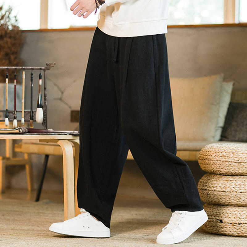 Pantalones harén de lino y algodón de color liso con cordón y bolsillos para hombre con Buddha Stones - image 15