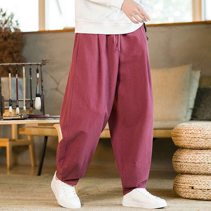 Pantalones harén de lino y algodón de color liso con cordón y bolsillos para hombre con Buddha Stones - image 9