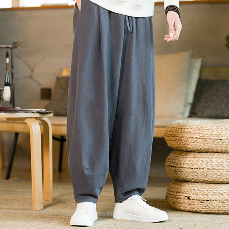 Pantalones harén de lino y algodón de color liso con cordón y bolsillos para hombre con Buddha Stones - Gris pizarra - US/UK/AU46, EU56 (5XL) - image 31