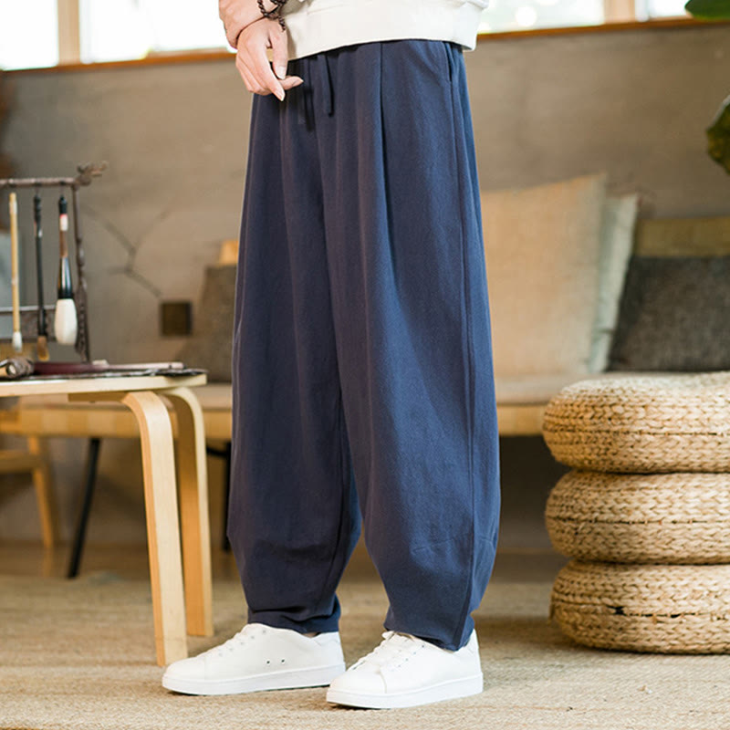 Pantalones harén de lino y algodón de color liso con cordón y bolsillos para hombre con Buddha Stones - image 4