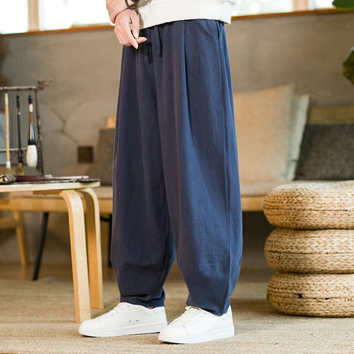 Pantalones harén de lino y algodón de color liso con cordón y bolsillos para hombre con Buddha Stones - image 4