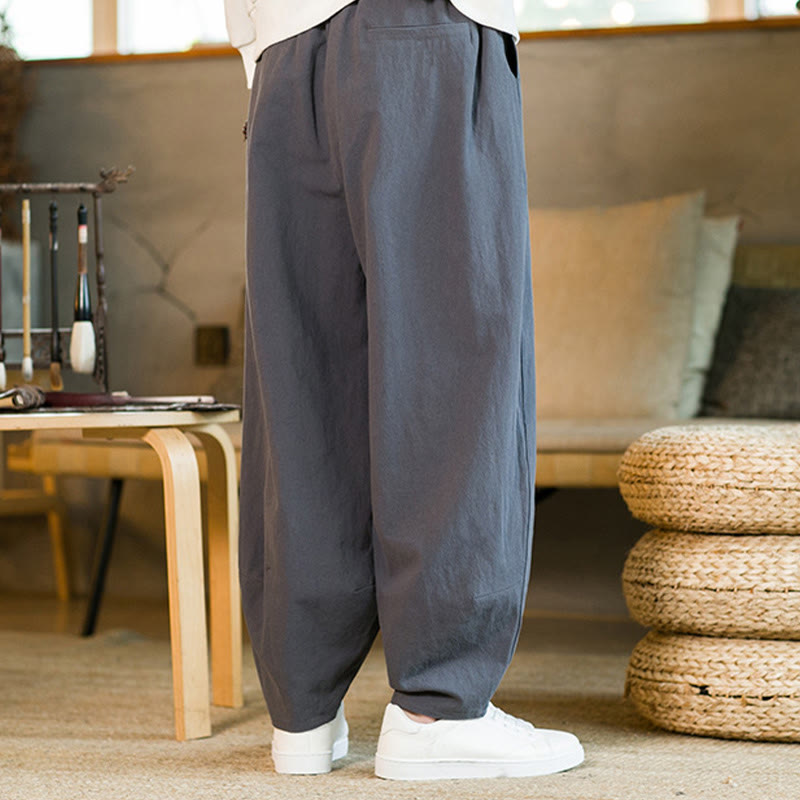 Pantalones harén de lino y algodón de color liso con cordón y bolsillos para hombre con Buddha Stones - image 36