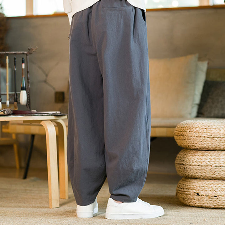 Pantalones harén de lino y algodón de color liso con cordón y bolsillos para hombre con Buddha Stones - image 36