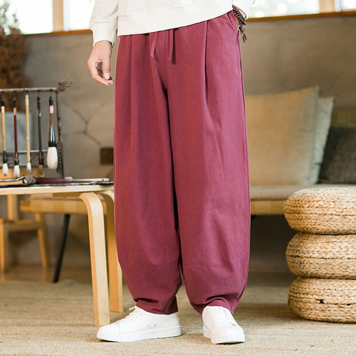 Pantalones harén de lino y algodón de color liso con cordón y bolsillos para hombre con Buddha Stones - image 6