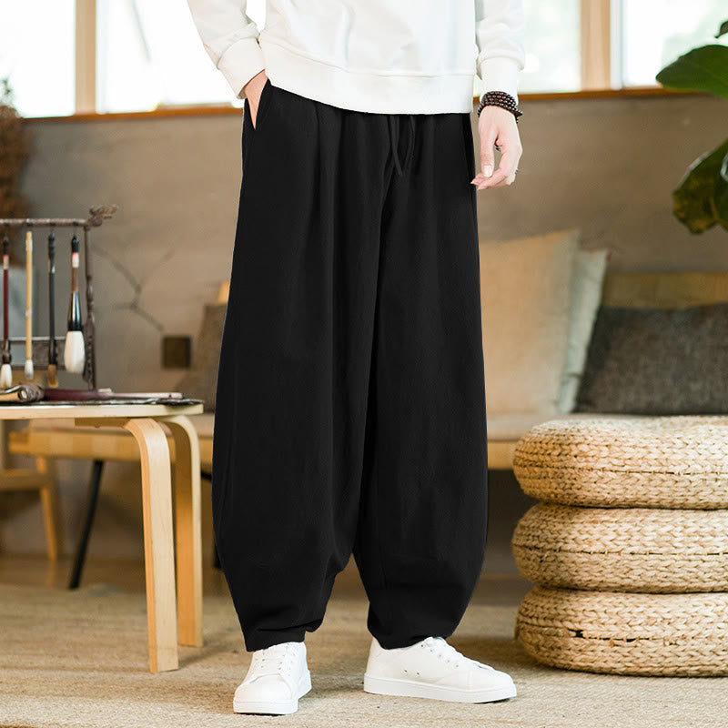 Pantalones harén de lino y algodón de color liso con cordón y bolsillos para hombre con Buddha Stones - Negro - US/UK/AU46, EU56 (5XL) - image 11