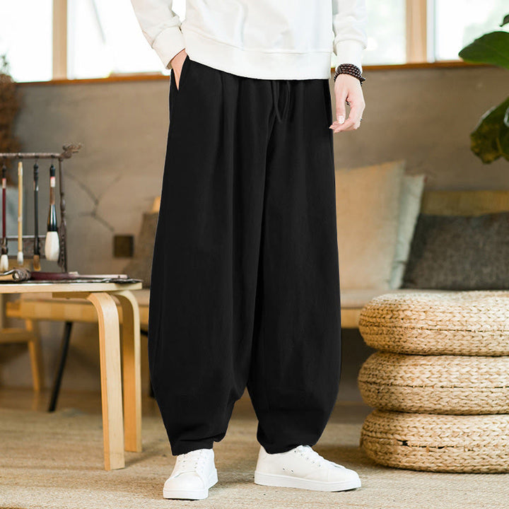 Pantalones harén de lino y algodón de color liso con cordón y bolsillos para hombre con Buddha Stones - Negro - US/UK/AU46, EU56 (5XL) - image 11