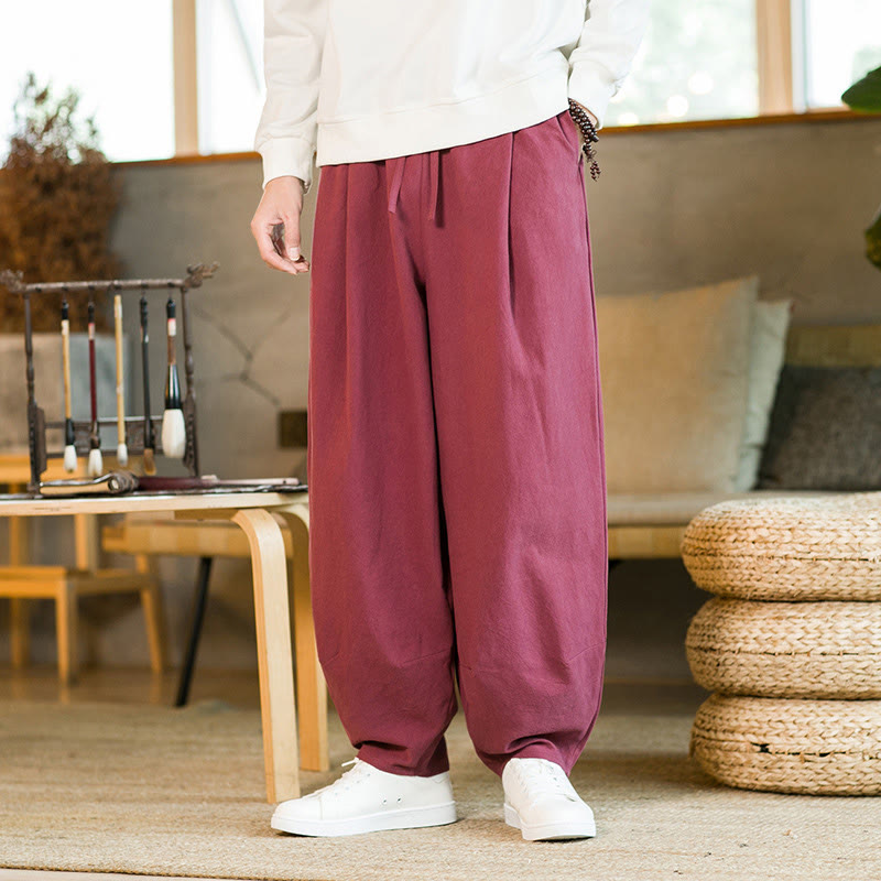 Pantalones harén de lino y algodón de color liso con cordón y bolsillos para hombre con Buddha Stones - image 7