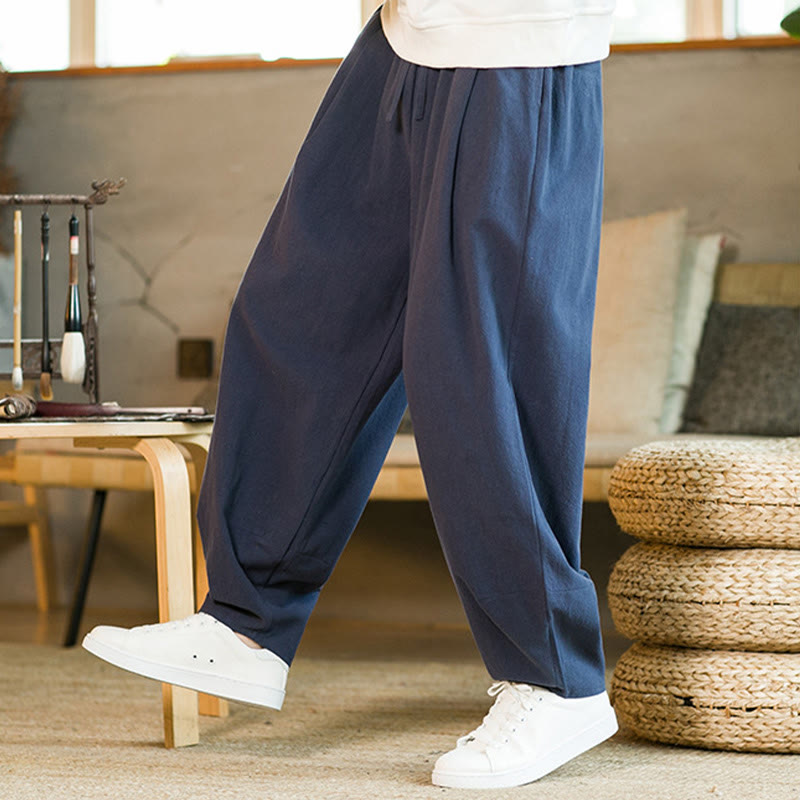 Pantalones harén de lino y algodón de color liso con cordón y bolsillos para hombre con Buddha Stones - image 2