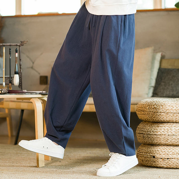Pantalones harén de lino y algodón de color liso con cordón y bolsillos para hombre con Buddha Stones - image 2