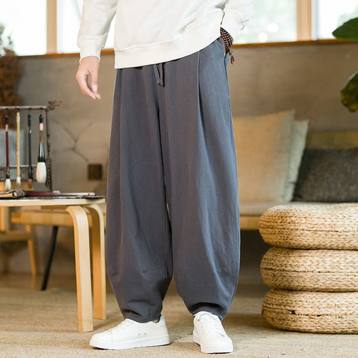 Pantalones harén de lino y algodón de color liso con cordón y bolsillos para hombre con Buddha Stones - image 33