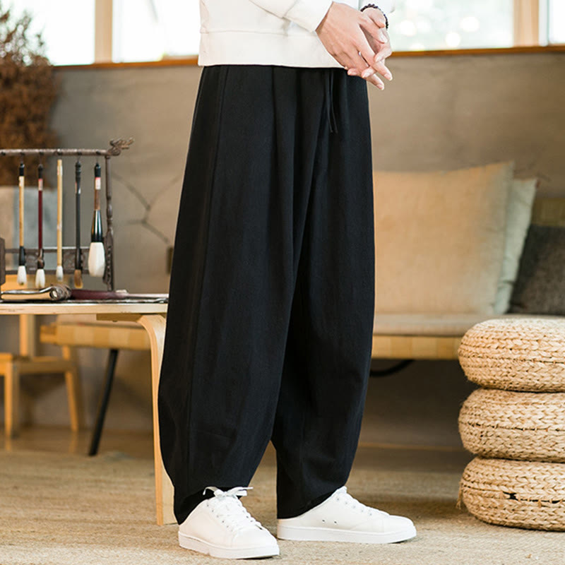 Pantalones harén de lino y algodón de color liso con cordón y bolsillos para hombre con Buddha Stones - image 12