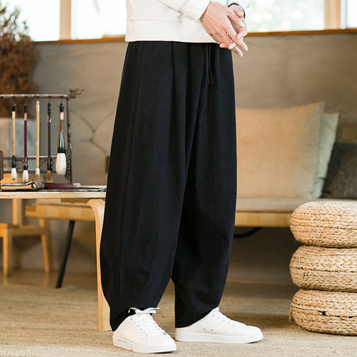 Pantalones harén de lino y algodón de color liso con cordón y bolsillos para hombre con Buddha Stones - image 12