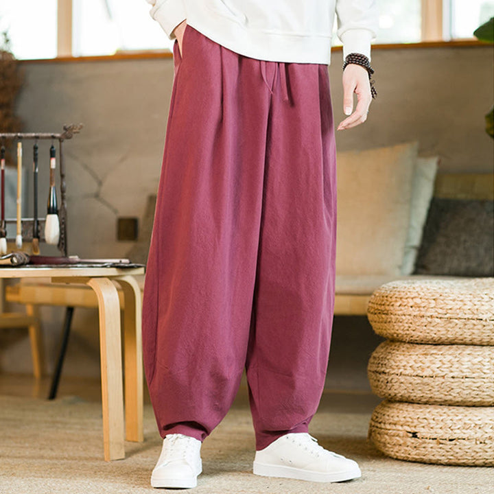 Pantalones harén de lino y algodón de color liso con cordón y bolsillos para hombre con Buddha Stones - Rosa intenso - US/UK/AU46, EU56 (5XL) - image 5