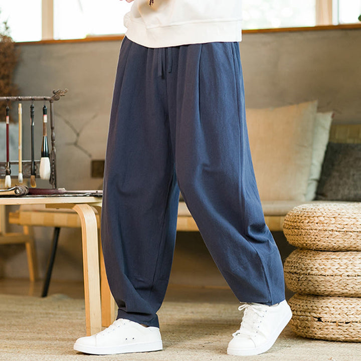 Pantalones harén de lino y algodón de color liso con cordón y bolsillos para hombre con Buddha Stones - image 3