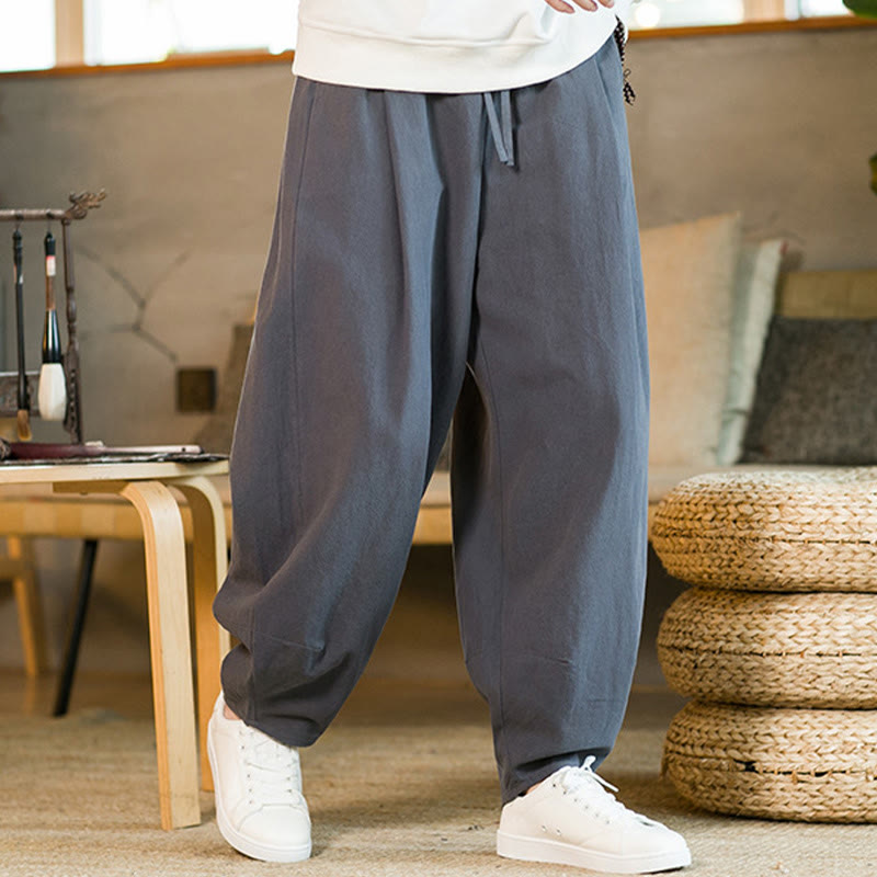 Pantalones harén de lino y algodón de color liso con cordón y bolsillos para hombre con Buddha Stones - image 32