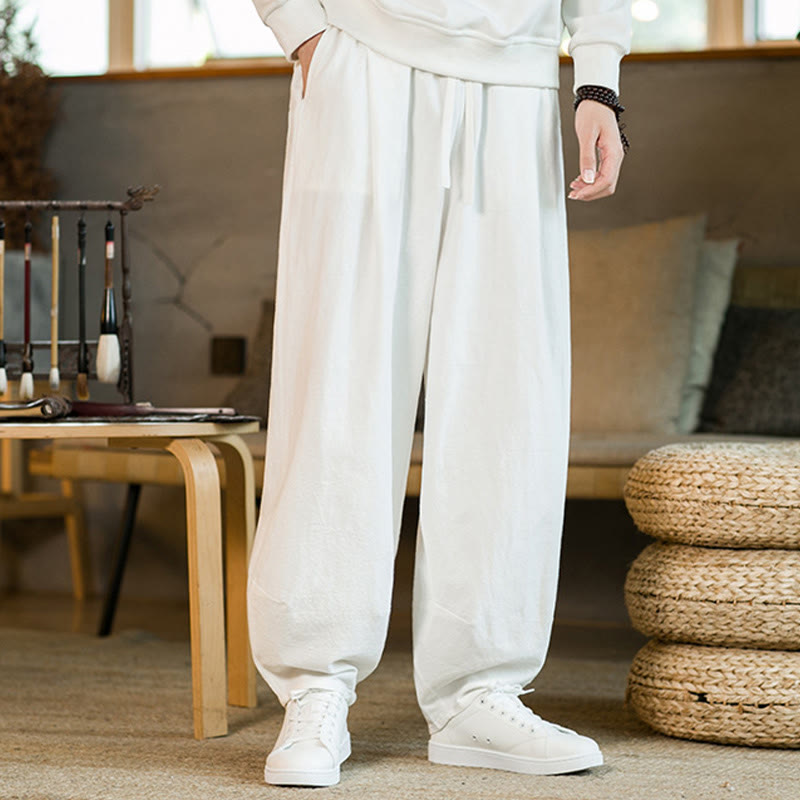 Pantalones harén de lino y algodón de color liso con cordón y bolsillos para hombre con Buddha Stones - Blanco - US/UK/AU46, EU56 (5XL) - image 17