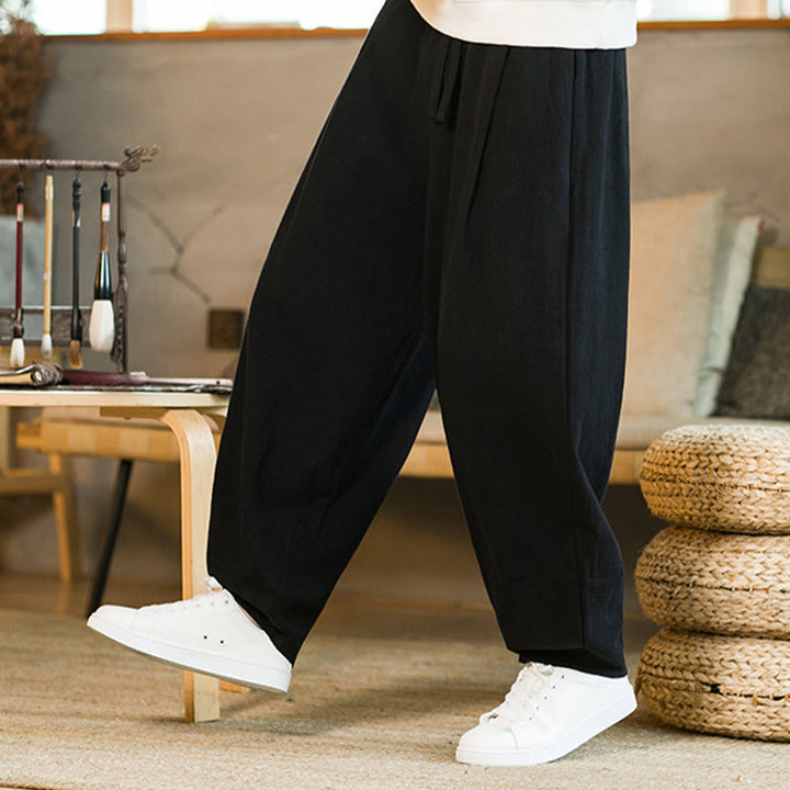 Pantalones harén de lino y algodón de color liso con cordón y bolsillos para hombre con Buddha Stones - image 14
