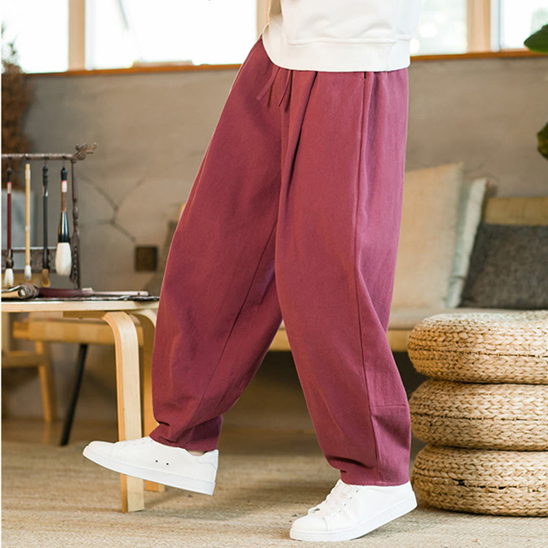 Pantalones harén de lino y algodón de color liso con cordón y bolsillos para hombre con Buddha Stones - image 8