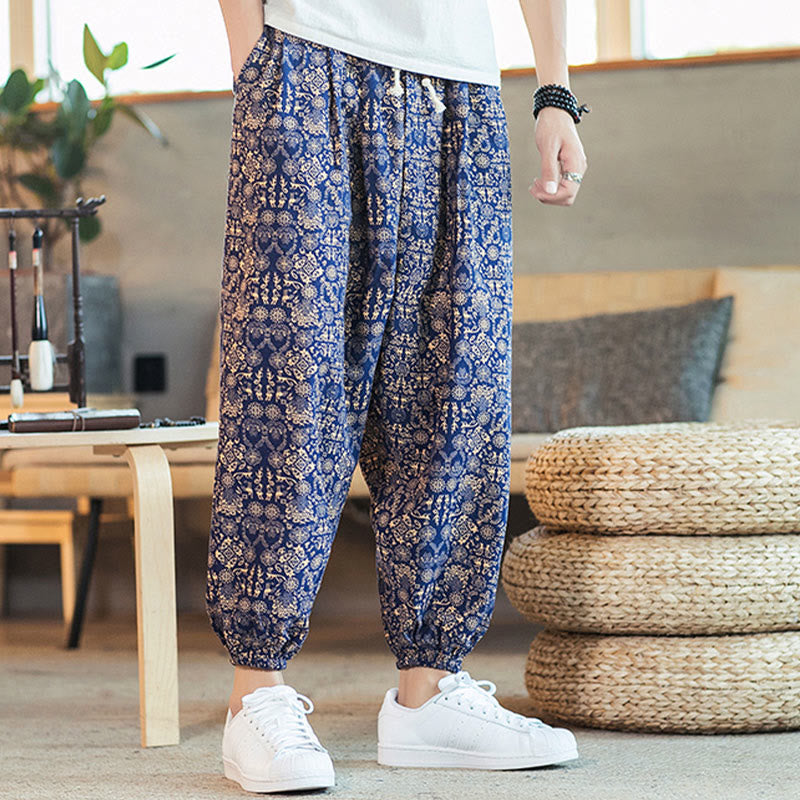 Pantalones harén de lino y algodón con cordón y estampado de mandalas doradas con Buddha Stones para hombre con bolsillos - image 7