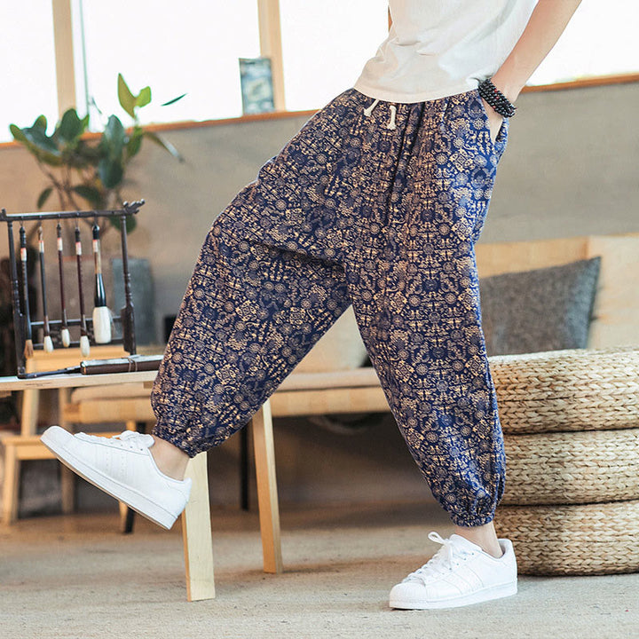 Pantalones harén de lino y algodón con cordón y estampado de mandalas doradas con Buddha Stones para hombre con bolsillos - image 3
