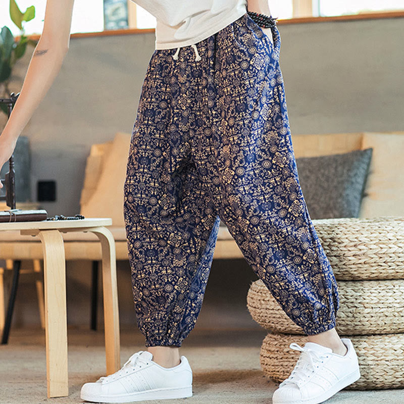 Pantalones harén de lino y algodón con cordón y estampado de mandalas doradas con Buddha Stones para hombre con bolsillos - image 2