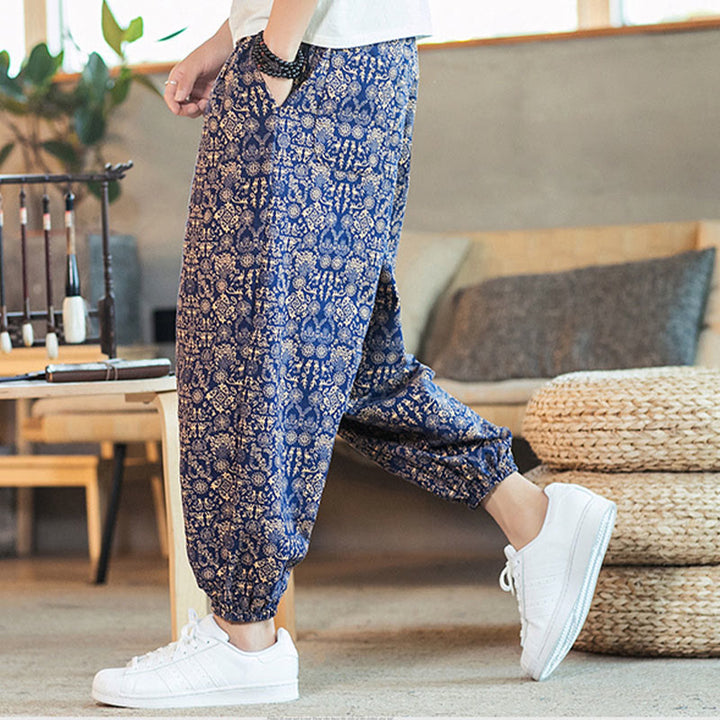 Pantalones harén de lino y algodón con cordón y estampado de mandalas doradas con Buddha Stones para hombre con bolsillos - image 1