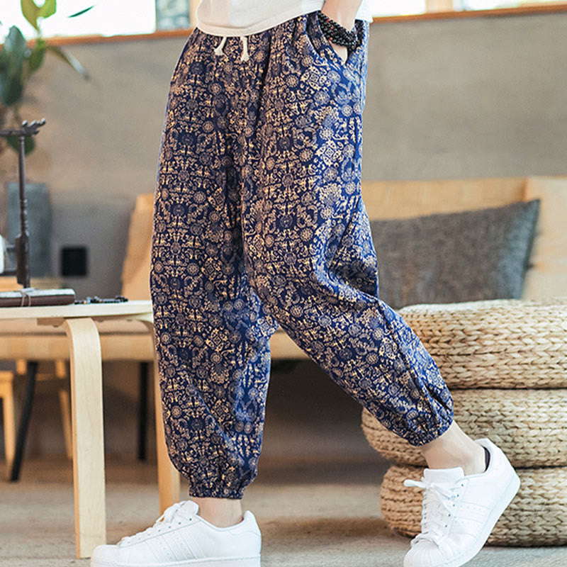 Pantalones harem para hombre con cordón ajustable, estampado de mandala dorado y Buddha Stones. - Azul oscuro - US/UK/AU46, EU56 (5XL) - image 0