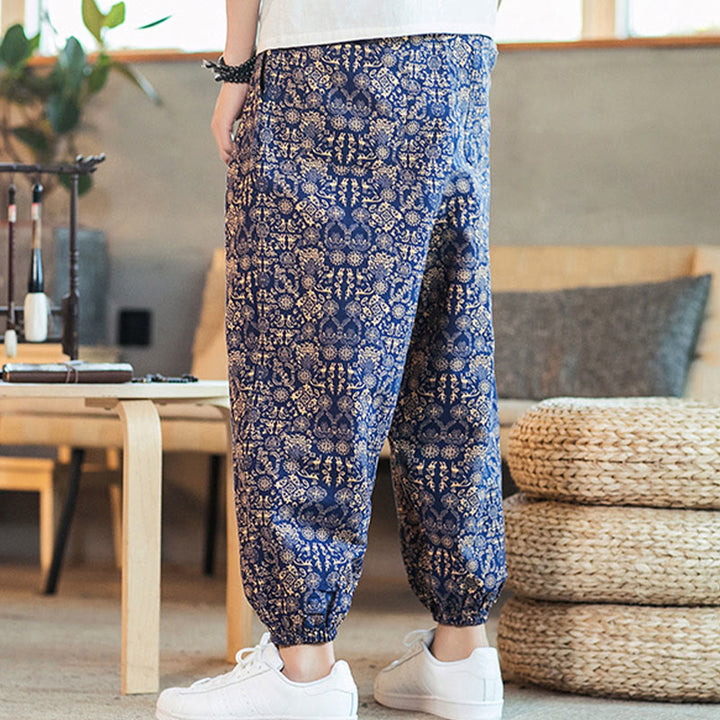 Pantalones harén de lino y algodón con cordón y estampado de mandalas doradas con Buddha Stones para hombre con bolsillos - image 4