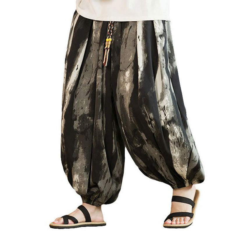 Pantalones harén de lino y algodón con degradado de tinta blanca y negra con Buddha Stones y cordón trenzado para hombre con bolsillos