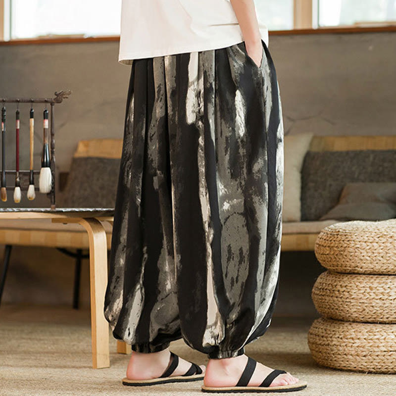 Pantalones harén de lino y algodón con degradado de tinta blanca y negra con Buddha Stones y cordón trenzado para hombre con bolsillos