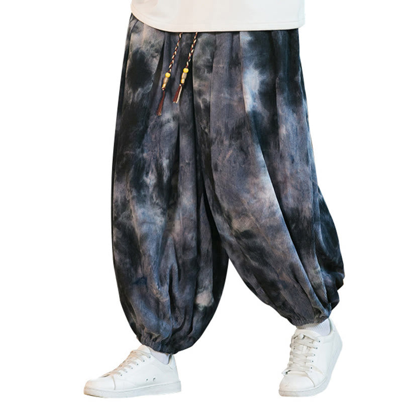 Pantalones harén de pana de algodón con cordón trenzado y teñido anudado para hombre con bolsillos y estampado de Buddha Stones