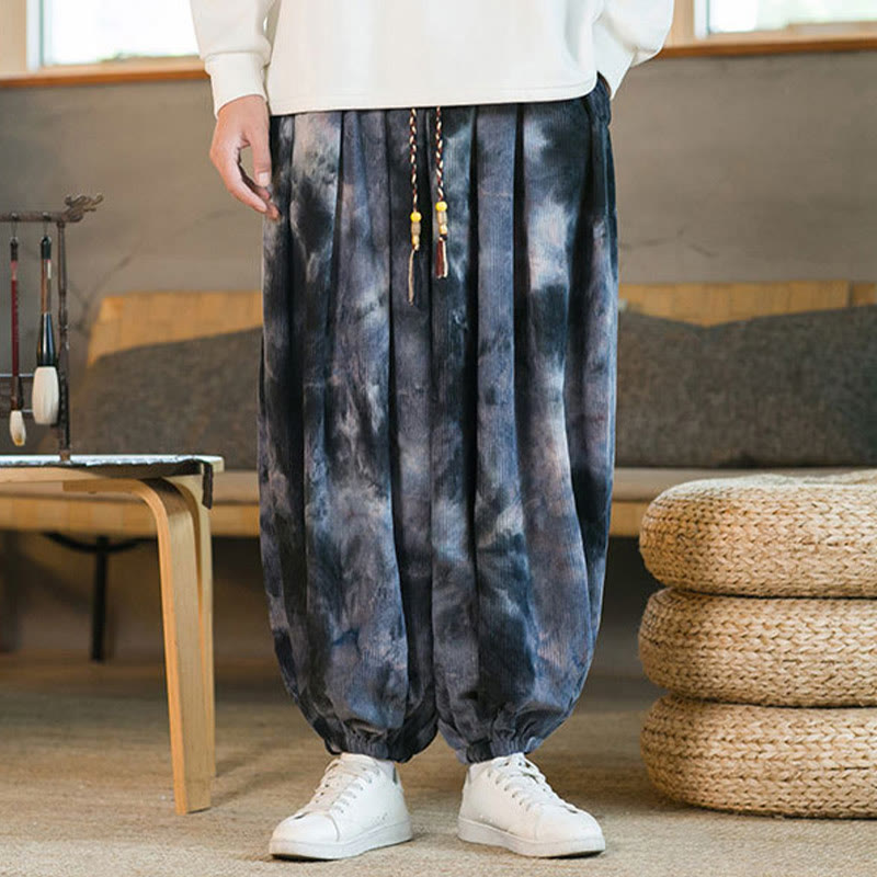 Pantalones harén de pana de algodón con cordón trenzado y teñido anudado para hombre con bolsillos y estampado de Buddha Stones