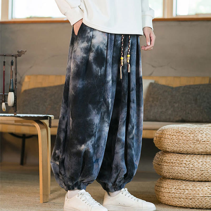 Pantalones harén de pana de algodón con cordón trenzado y teñido anudado para hombre con bolsillos y estampado de Buddha Stones