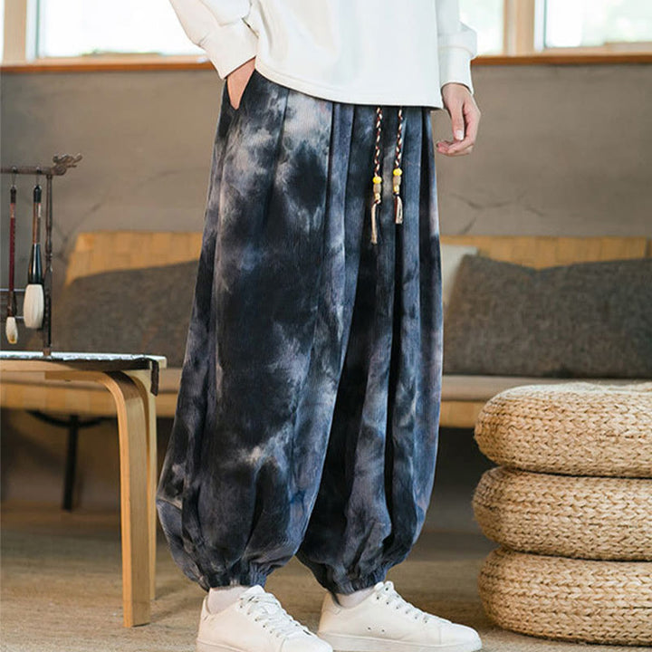 Pantalones harén de pana de algodón con cordón trenzado y teñido anudado para hombre con bolsillos y estampado de Buddha Stones
